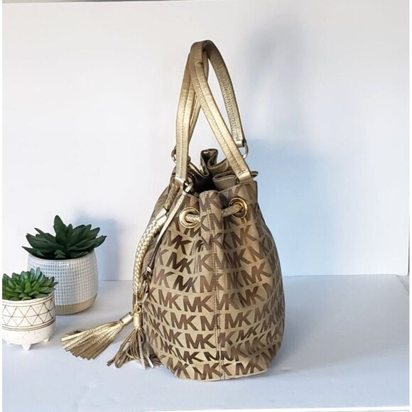 Michael Kors Jet Set Large Signature Gathered Hobo Satchel Tote Gold and Brown - Picture 6 of 16